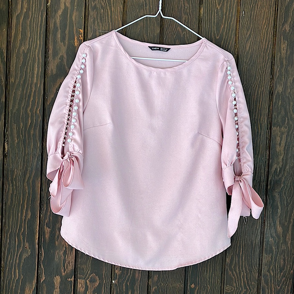 Shein light pink short sleeve blouse with pearl buttons up the sleeves